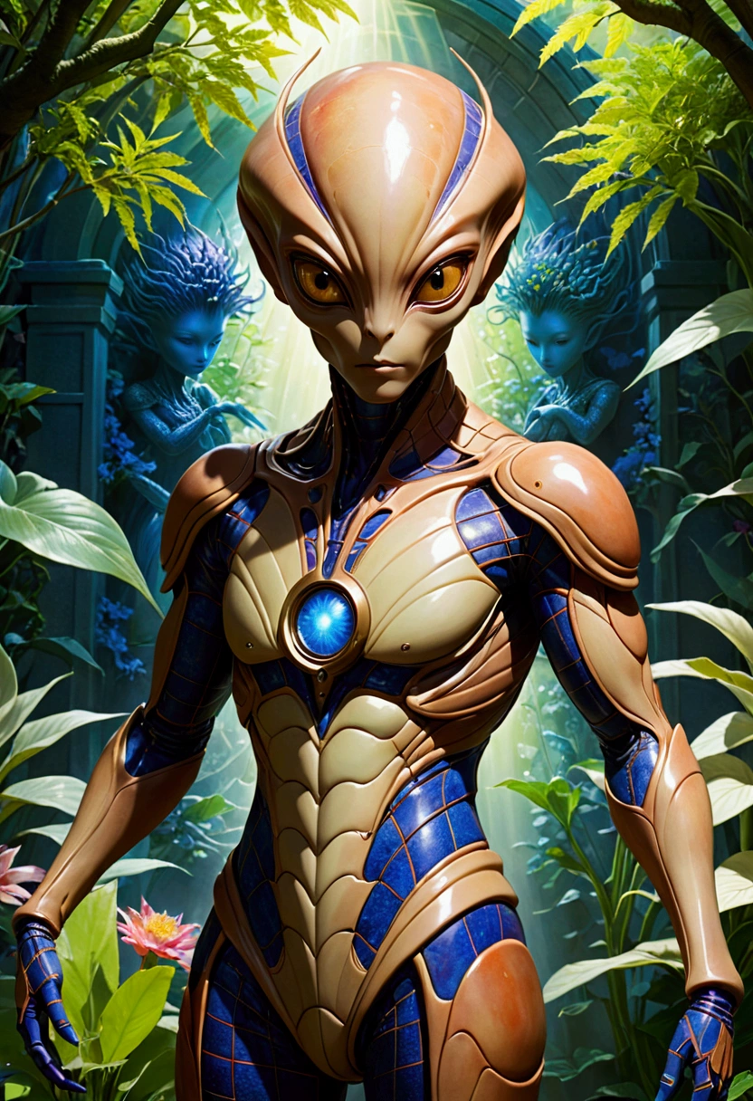 Ceramic Alien, Diffuse lighting, fantasy, complex, Colorful grid suit, elegant, Very detailed, Artworks of Yoshitaka Amano, Garden Background,(Best quality,4K,8k,high resolution,masterpiece:1.2),Ultra-detailed,Movie-grade lighting,Dramatic shadows,warm color,spirit,magic,