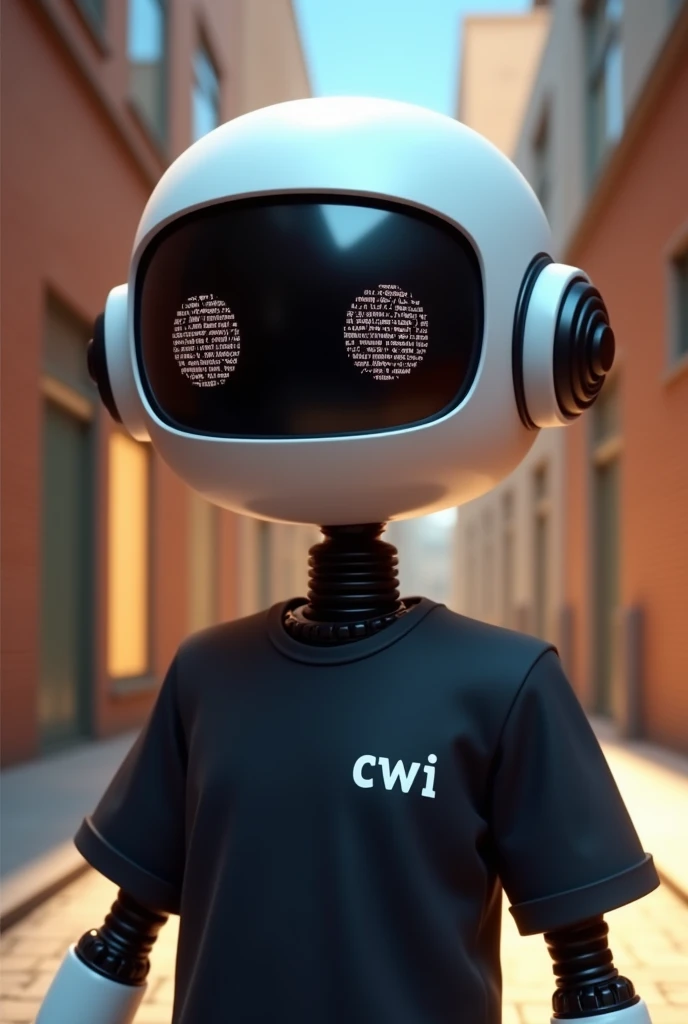 art of an avatar of a code reviewing robot wearing a black t-shirt with "CWI" on right side and face like robo with visor reflecting Java code looking front of the camera like animations 2d. Friendly and kind robot 