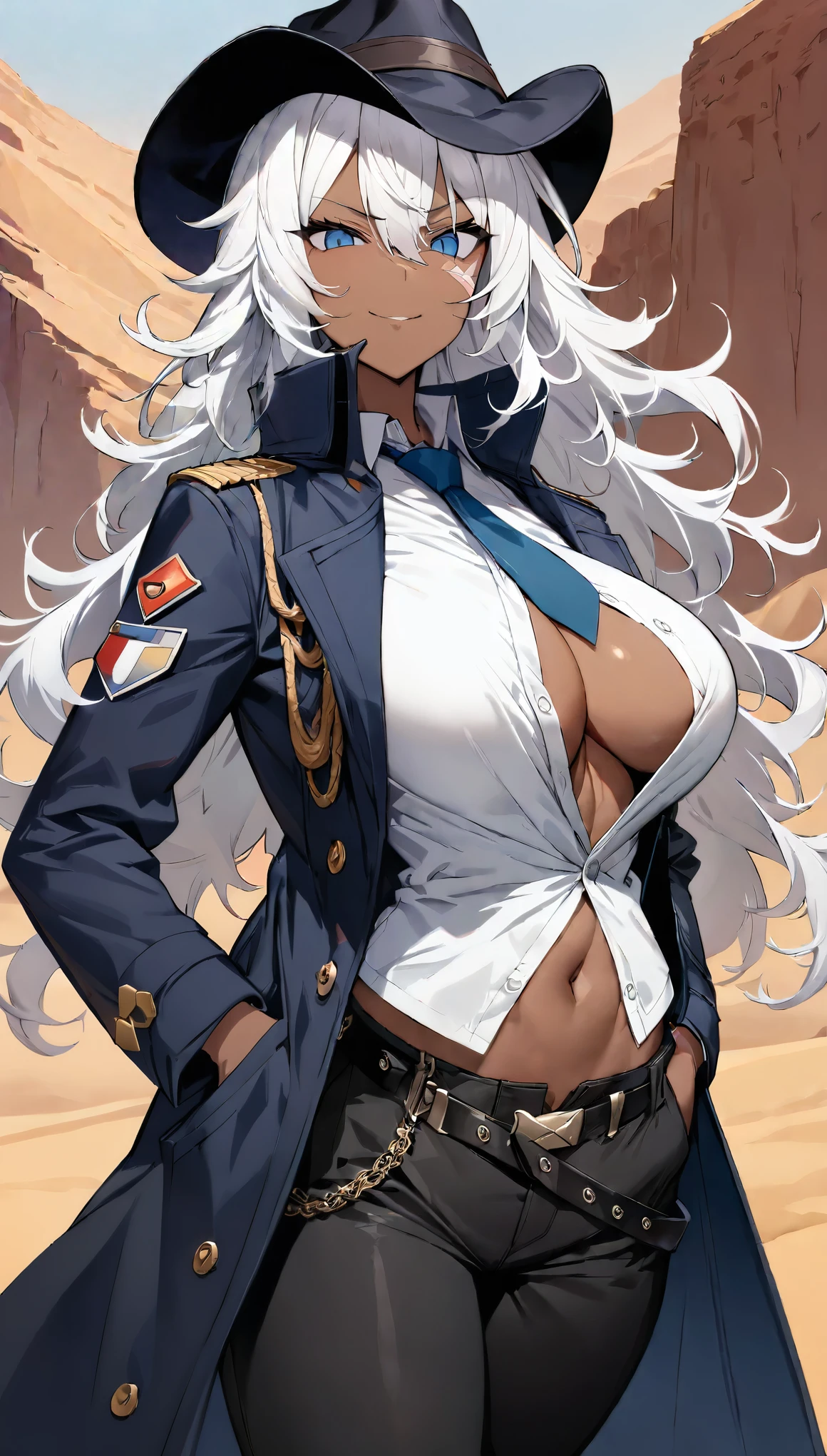 (best quality:1.3), (masterpiece:1.3), (illustration:1.3), (ultra-detailed:1.3), cowboy shot, 1girl, ((white hair)), (((large breasts))), (dark skin), (blue eyes), ((rough hair, long hair)), white shirt, necktie, high collar, unbuttoned shirt, navel, sleeveless shirt, lean build, military long coat, dark blue military coat, pouches, black pants, serious expression, mischievous smirk, belt buckle, face scar, straps, off-shoulder coat, hands on pocket, looking at viewer, muscular, webbed belt, stylish coat, ((badge, dark blue cowboy hat, headwear, boob window)), outdoors, desert,