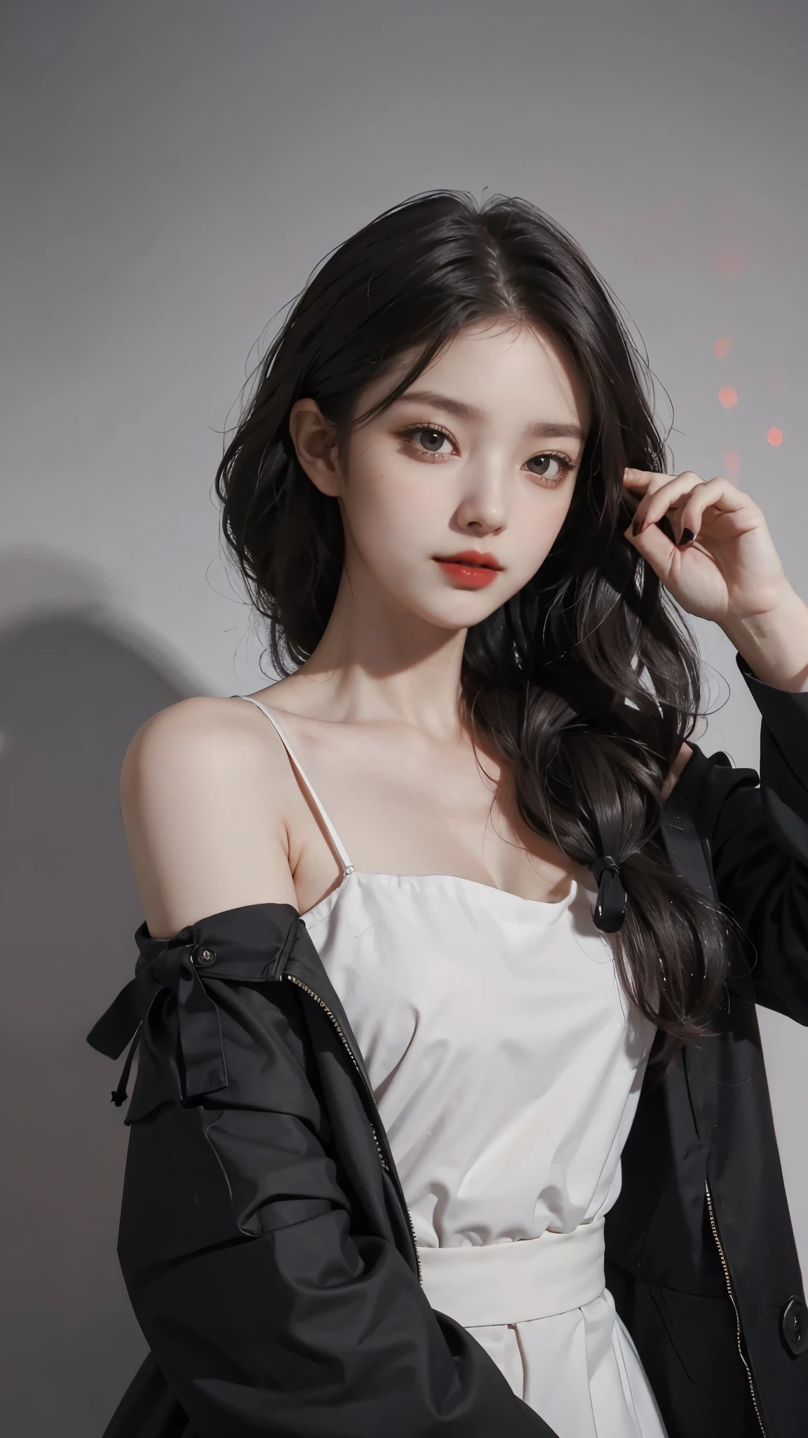 Girl wearing, luxury black coat, shoulder length hair, wavy hair, glowing skin, star in eye, red lips, grey background, cute poses , upper body.