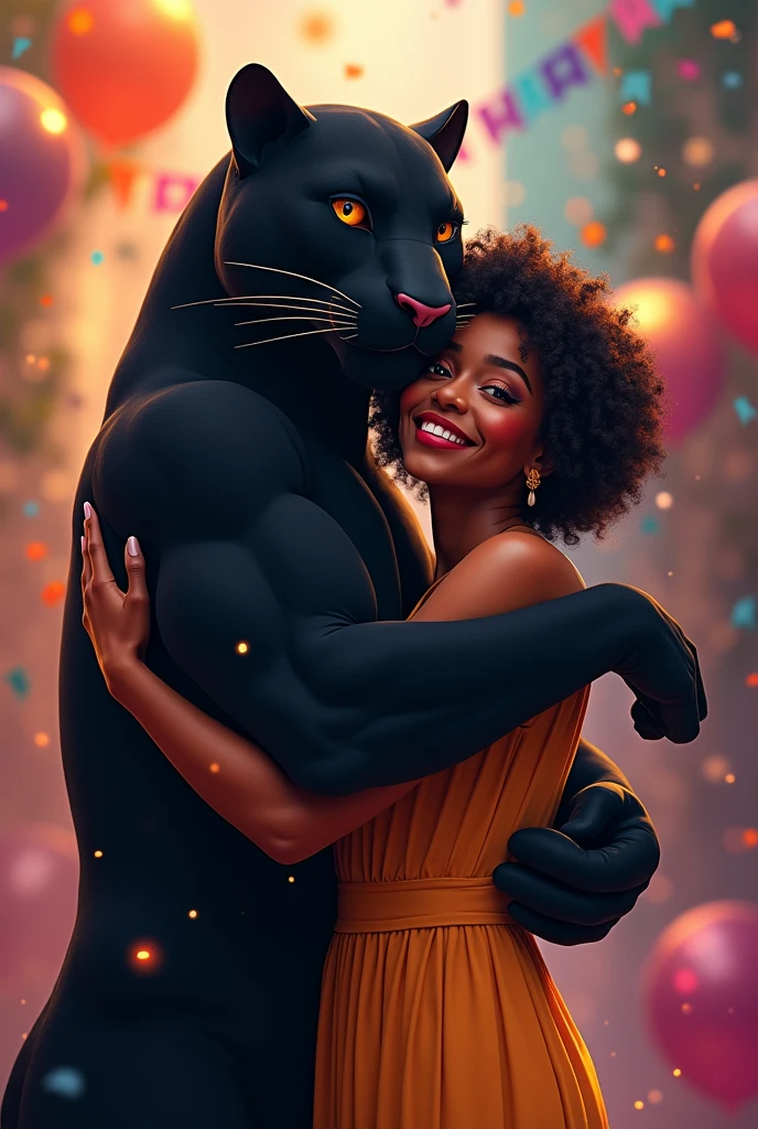 Black person of gender woman celebrating birthday, with a humanoid black panther hugging her, with a colorful background and a big happy birthday