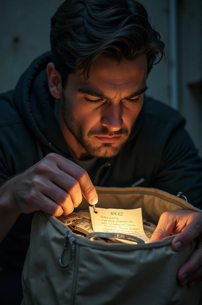 Image of man discovering hidden message in bag, focusing on facial expressions and message.