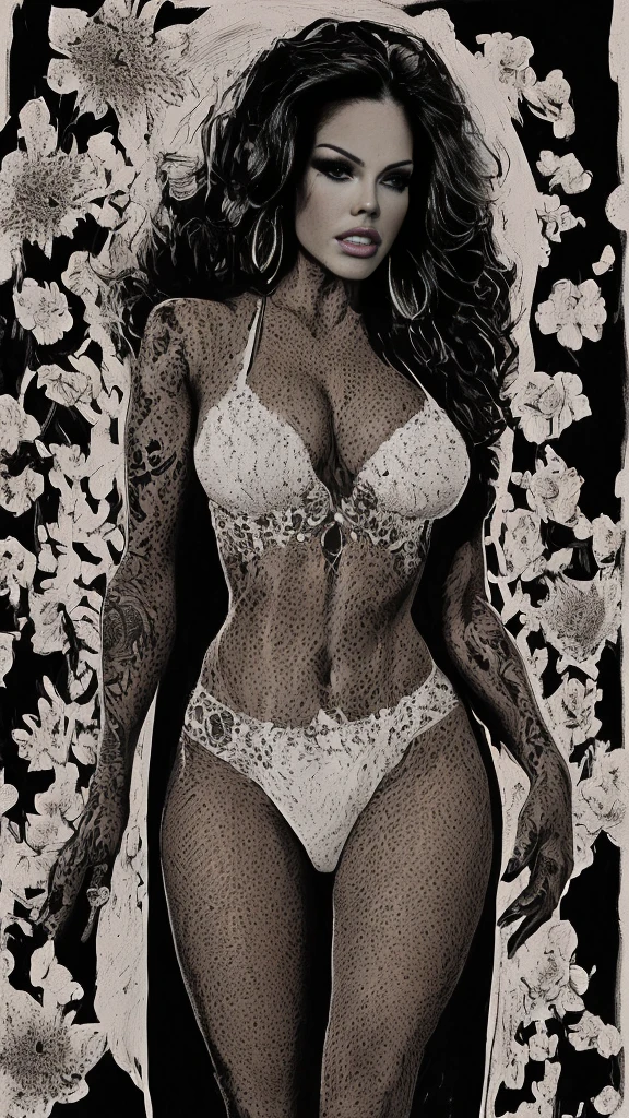a beautiful attractive african american woman,(Aesthetic representation of Rosario Dawson as Ashoka Tano), nude skin, full body(important),athletic physique, well-toned and fit body, slender, elegant form, nude skin, intricate detailed face, detailed eyes, detailed nose, detailed lips, Hyper realistic, 8K, coloring pages for adults, intricate and bold ink illustration, incredibly detailed lines, detailed drawing in black and white, ink art,
