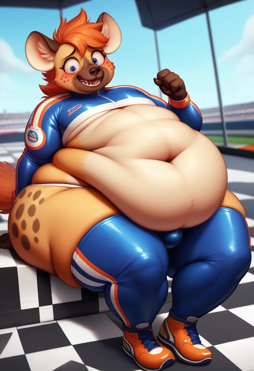 Sssbbw, hyena, orange fur, femboy, extremely fat, fat face, morbidly obese, immobile, embarrassed, nervous smile, gluttony hungry, Racing Driver, Racing suit, stuffing over full stomach, deep navel, indoors, Masterpiece_2.1, 4K UHD