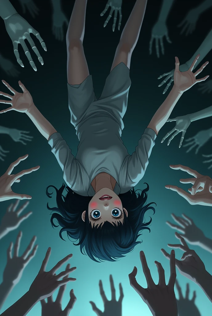 Anime girl in her early 20s, she's falling upsidedown as hundreds of hands try to grab her. You can only see her upper body.