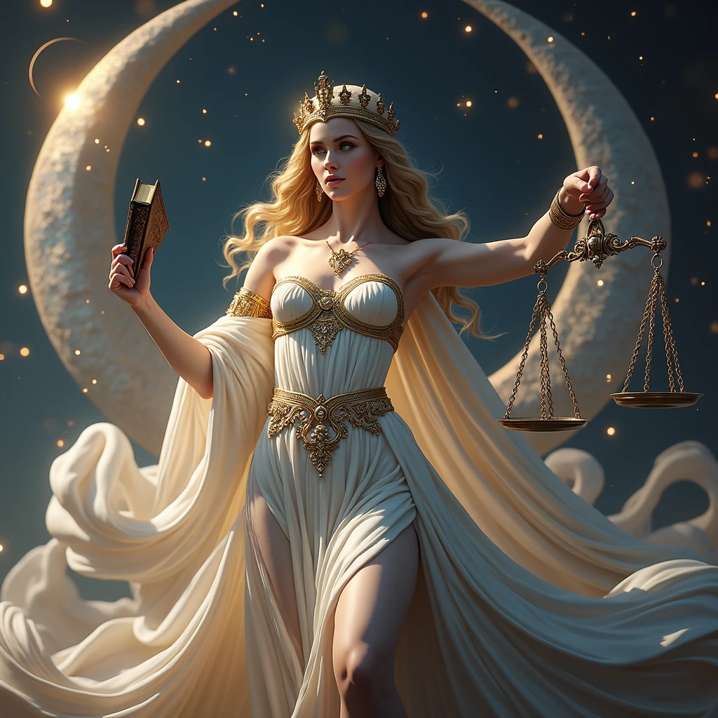 obra maistra, Best Quality, ultra detailed, 8k, Alta risolución, photorealistic, Greek mythology, fancy, legendary existence, Mythical world, meditation, symmetrical, Divine Halo, magic circle, Eclipse solar, nebula, alone, incredibly beautiful woman, beautiful face, A smile that brings peace to people., "In Aphrodite", full body shot, precioso vistido intrincadamente detallado, golden ornaments, white cloak, una dama sosteniendo una balanza y una ispada en su mano, Greek Titan goddess Themis, by Pablo Munoz Gomez, justice, zodiac Libra sign, by László Balogh, by Nicolas Marsicano, Libra, pound symbol, is. Alejandro Kucharski, is. Eugeniusz Zak, by Ignacio Zuloaga, "Una abogada reprisentada como la Diosa de la Justicia.. Está vistida con un vistido de diosa guerrera griega, Dark grey tailored greek suit with a white blouse, standing confidently. She is wearing a blindfold, symbolizing impartiality, y sostiene un par de balanzas tradicionalis en una mano y un libro en la otra. Su exprisión is tranquila y decidida.... El fondo muistra el Olimpo de los diosis