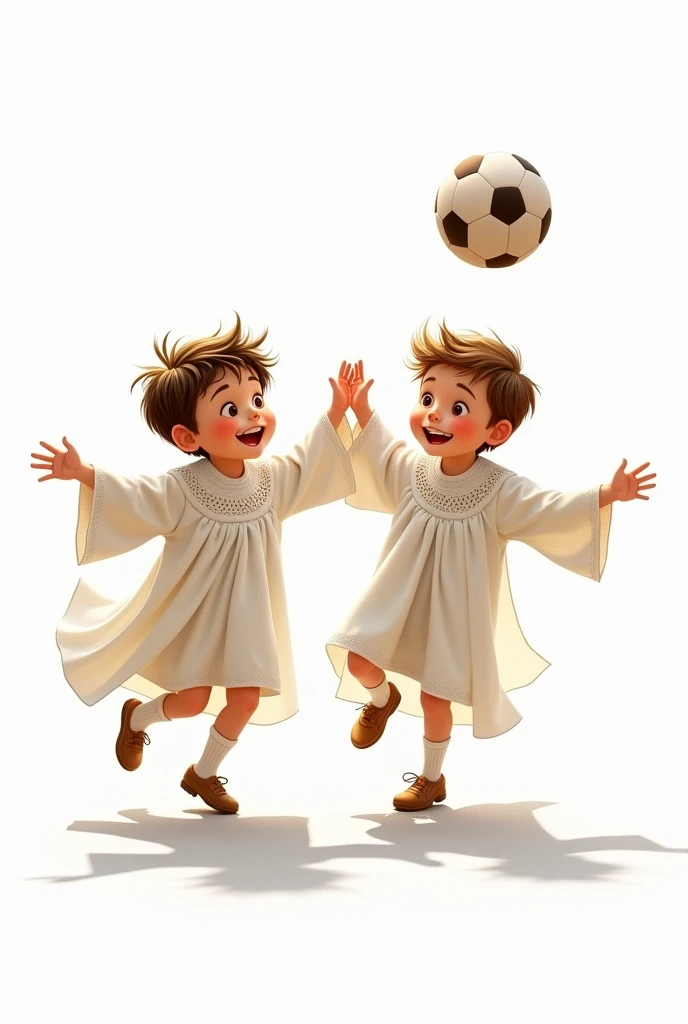 two Catholic altar boys in white lace robes, playing football, White background, disney type