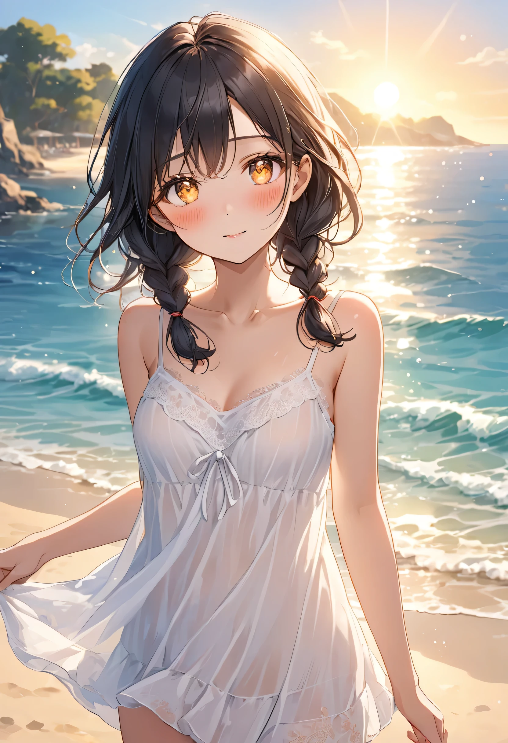 nsfw. A beautiful anime girl with black hair styled in double braids, wearing a white, shoulder-baring camisole that highlights her slender figure. She has a playful and slightly shy expression with a hint of blush, her large, sparkling eyes gazing softly at the viewer . The scene is set in a sunlit summer beach, with gentle waves in the background and a warm, golden glow from the setting sun. The breeze lightly tousles her hair and the hem of her camisole, adding a touch of movement. The art style is highly detailed, emphasizing her delicate features, sun-kissed skin, and the relaxed, yet subtly sensual summer