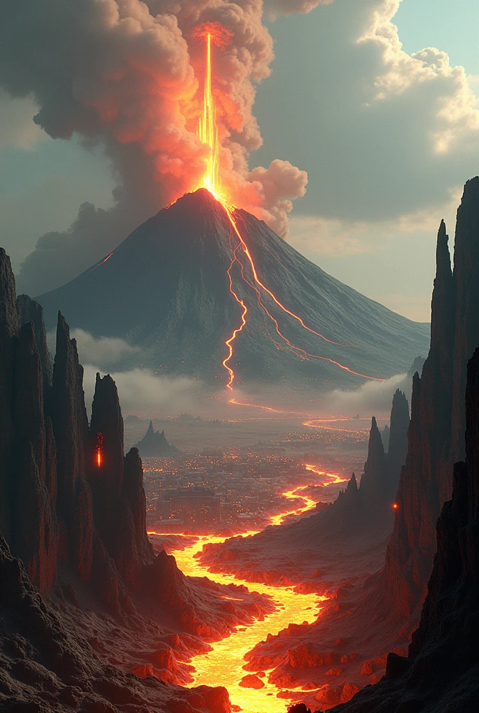 ,3D,Real Stick,textured,CGI,environment,((Simon Stalenhag)),concept,Environmental concept art&designs,SF、Gonda, the city of heat flames、volcanoes、A city surrounded by lava、Erupting volcano、Lava River、ren、Beautiful fece、Livable、rot