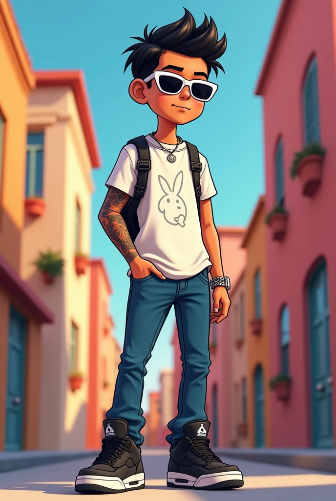 20 year old boy, clear skin, trap style, straight hair, Jordan retro4 black, animated cartoon, white sunglasses, right arm tattoo, tattoo a ghost and a playboy bunny
