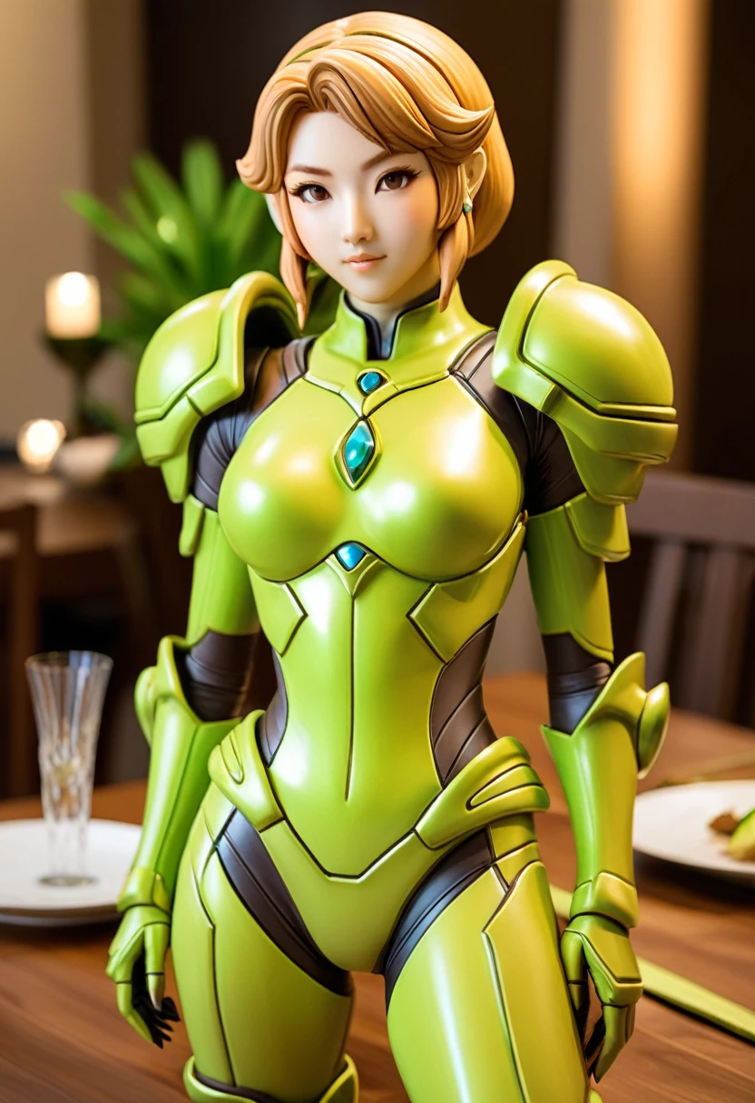 ceramic statue of a metroid style warrior (cute woman, yuna, light lime green armor color, dull peach skin color), ornament on a dinner table