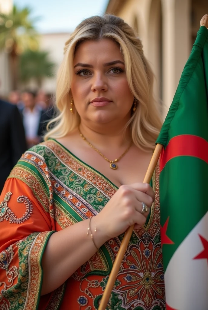 Close up, woman, blonde, plump, wearing a black and white caftan, embroidered latest 2024 style holding the original Algerian flag, looking directly at the camera, she is standing on Algeria weddings 2024