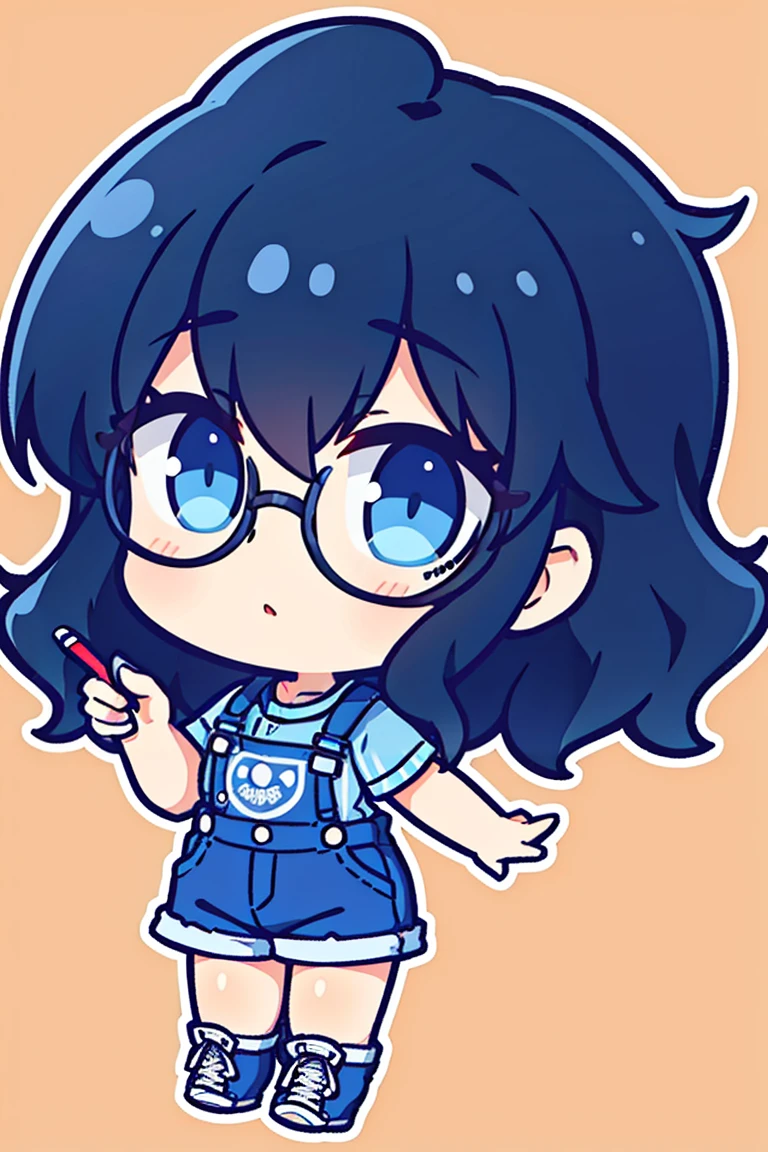 Create a cartoon-style image of a girl. She has curly hair, short and black, with the back of the hair dyed blue. His eyes are brown and he wears round glasses., with an exaggerated style and large to highlight the cartoonish effect. He is wearing denim overalls over a light blue sweater and Converse on his feet.. In one of his hands he holds a pen from a Wacom graphics tablet. The image must be without background and with cartoon characteristics, such as exaggerated facial features and stylized proportions.
