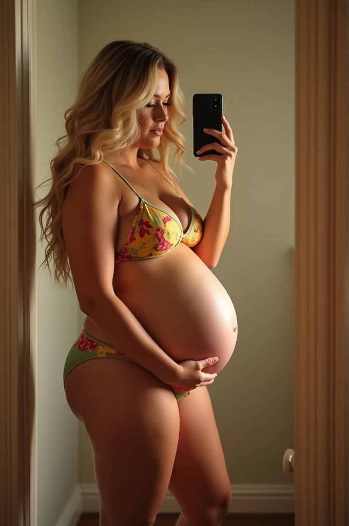 Your POV view of a plus size, 9 months 39 weeks pregnant, American blonde haired mother taking a selfie wearing a bikini and holding an iPhone 11 in front of the bathroom mirror with a big belly.. HD, cinematic, 25k, ultra detail, high shapering, masterpiece, fisheye camera view