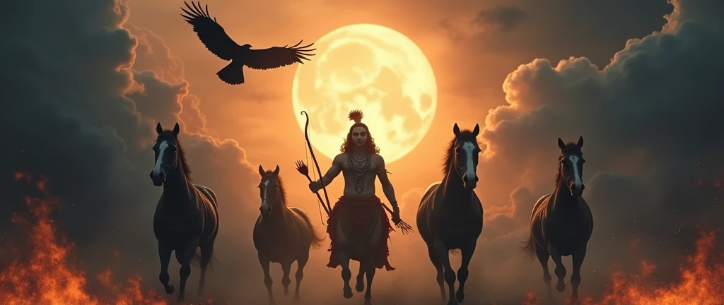 God krishna , a eagle is flying, hidden powers awaken, black flames consuming everything, an 8k vision revealing all the dark details. He is middle in the ware and thunder is down by ware land and he has a arrow on his right handand bow on left hand sun on his background, the way some horse ah running front of him, Moody glow lighting effect ,