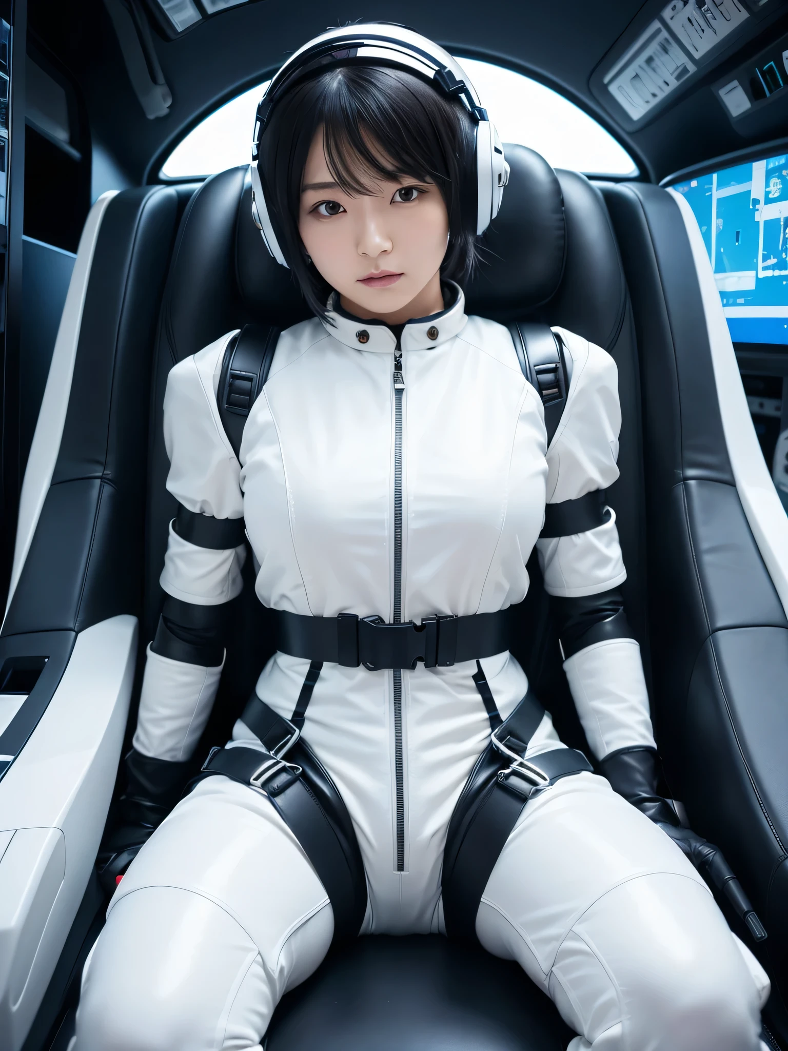 Japanese female android,Black Hair,capsule,The person is completely secured in the seat with the backrest reclined by a thick harness belt.,Plump,Spread your legs,Squat,Shiny white robot suit,Surrounded by switches and monitors,A helmet that completely covers the head,