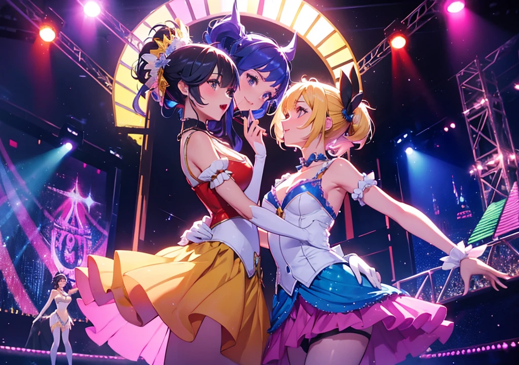 A cabaret stage illuminated with colorful lights. Disney princess-like characters in gorgeous costumes are performing elegant dance moves