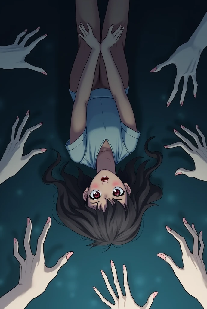 Anime girl in her early 20s, she's falling upsidedown as hundreds of hands try to grab her. You can only see her upper body.
