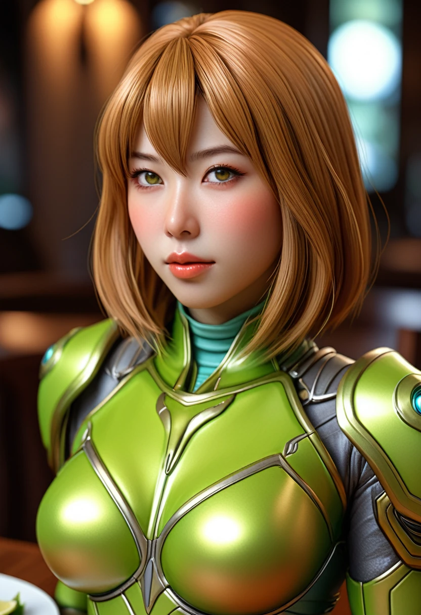 a cute woman metroid style warrior, yuna, light lime green armor, dull peach skin color, detailed face, beautiful detailed eyes, beautiful detailed lips, extremely detailed face, longeyelashes, ceramic statue, ornament on a dinner table, best quality, 8k, highres, masterpiece, ultra-detailed, realistic, photorealistic, photo-realistic, HDR, UHD, studio lighting, ultra-fine art, sharp focus, physically-based rendering, extreme detail, professional, vivid colors, bokeh
