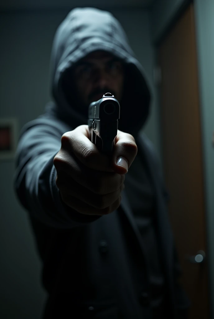 An image where he holds a gun in his hand and the hand is black in a room