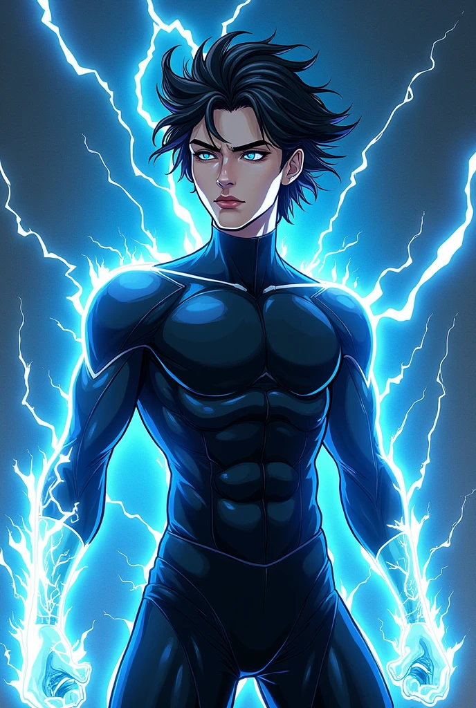 Young adult man with black hair, electric blue eyes, black clothes, Tez blanca, with comic style electrical powers
