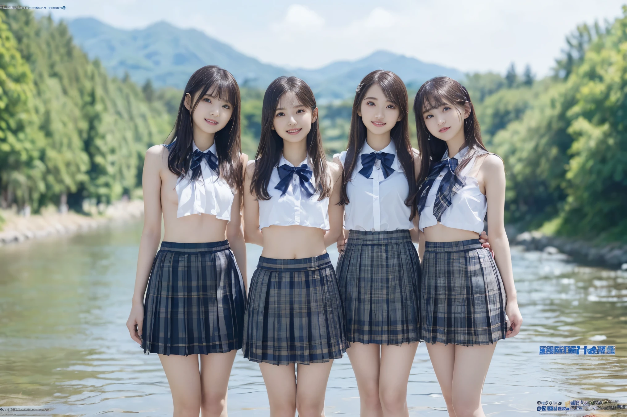 (Highest quality, masterpiece:1.2), Highest quality, Realistic, photograph, High resolution, 1080P, 8k, Physical Rendering, ((height: 155cm、Slim and slender style、medium firm chest)), ((((((Beautiful fashion models featured in Japanese fashion magazines。、Look directly at the viewer)))))), (((big, Very fine, Beautiful dark brown eyes))), ((((Everyone loves me、They are Laughter at me.!)))), Detailed fingers, (((length, Curled bangs))), ((((Very noble and cute eyes, Every detail is carefully drawn)))), ((double eyelid)), (((length eyelashes))), ((cute、Adorable、Adorable、Laughter、Laughter頬)), ((Pure white light hits my nose and cheeks. Her naked eyes and pale skin are beautifully white....(((((No makeup))))))、 (((((Her face is very expressive、With a noble smile。, so sweet, very smart))))), ((((A striking plain navy large school ribbon bow tie)))), ((((Beautiful long black hair fluttering in the wind)))), (((((((She rolled up her formal long pleated skirt, Blue and navy tartan check,))))))), ((((The size is a bit small、She lifted up her white sleeveless shirt with a gold emblem on it.., She shows off her beautiful small breasts.、Upper body nude)))), ((As elegant as a noble princess)), (((((Girls exposing their breasts in the river in the valley)))))), (((from before, Create striking images with exposed breasts..))(((((( Naked schoolgirl)))))、Tight waist((((((Very close))))))、((((((a memory from summer2Full-body nude high school girl)))))、Shortcut Straight Hair、極めてRealisticで詳細な背景