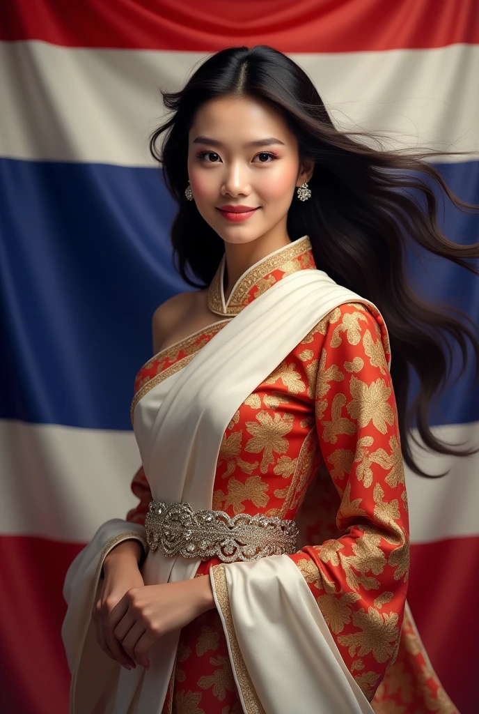 A beautiful Thai woman wearing an ancient Thai dress, a white and silver-gold sash, standing and posing for a photo, smiling beautifully, with the Thai flag as the background.