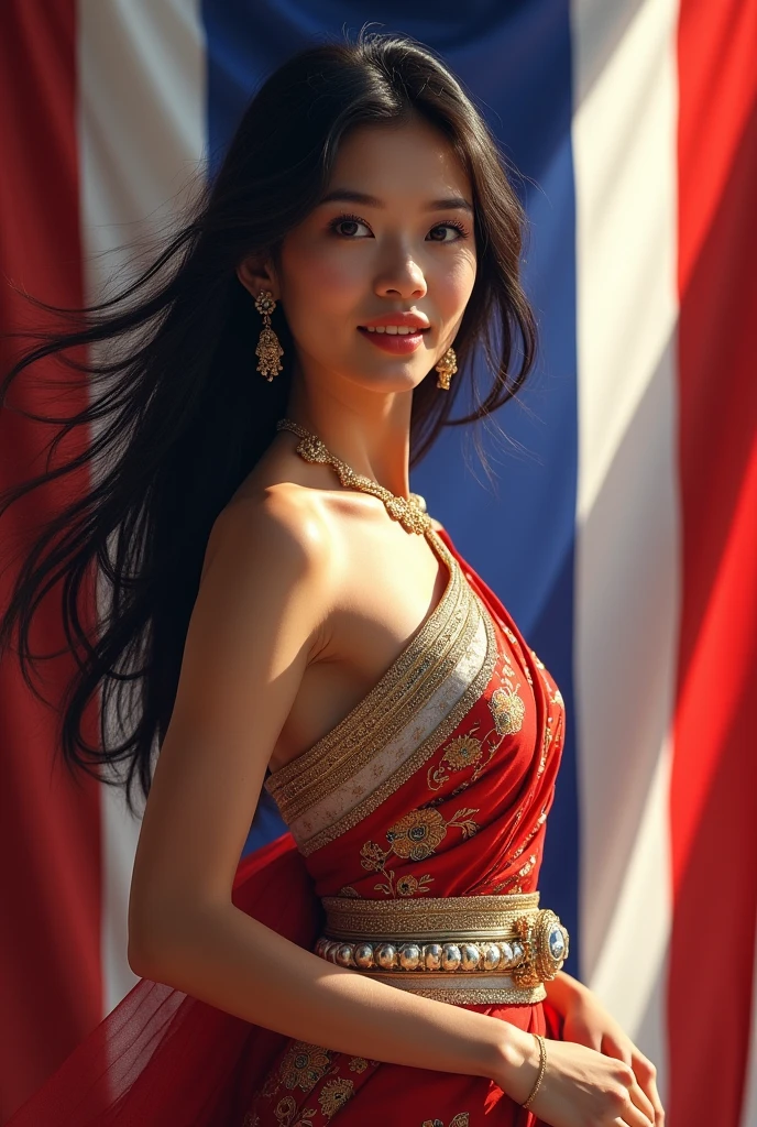 A beautiful Thai woman wearing an ancient Thai dress, a white and silver-gold sash, standing and posing for a photo, smiling beautifully, with the Thai flag as the background.