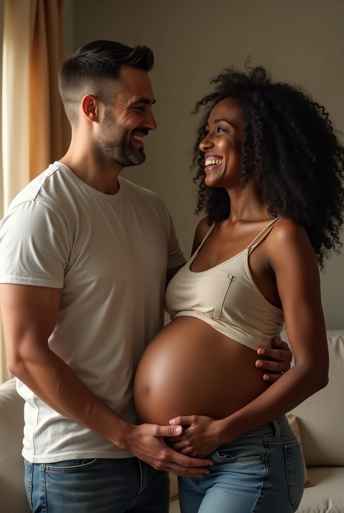 White beardless man laughing with a pregnant black woman