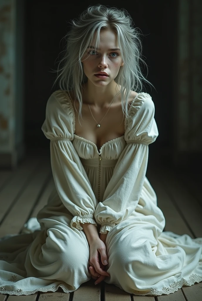 A single girl (1) 25years old, with pale skin, silver-colored hair, disheveled, open green eyes, expression of pain and despair, dressed in a nightgown from the 1500s, sitting on the floor hugging her knees