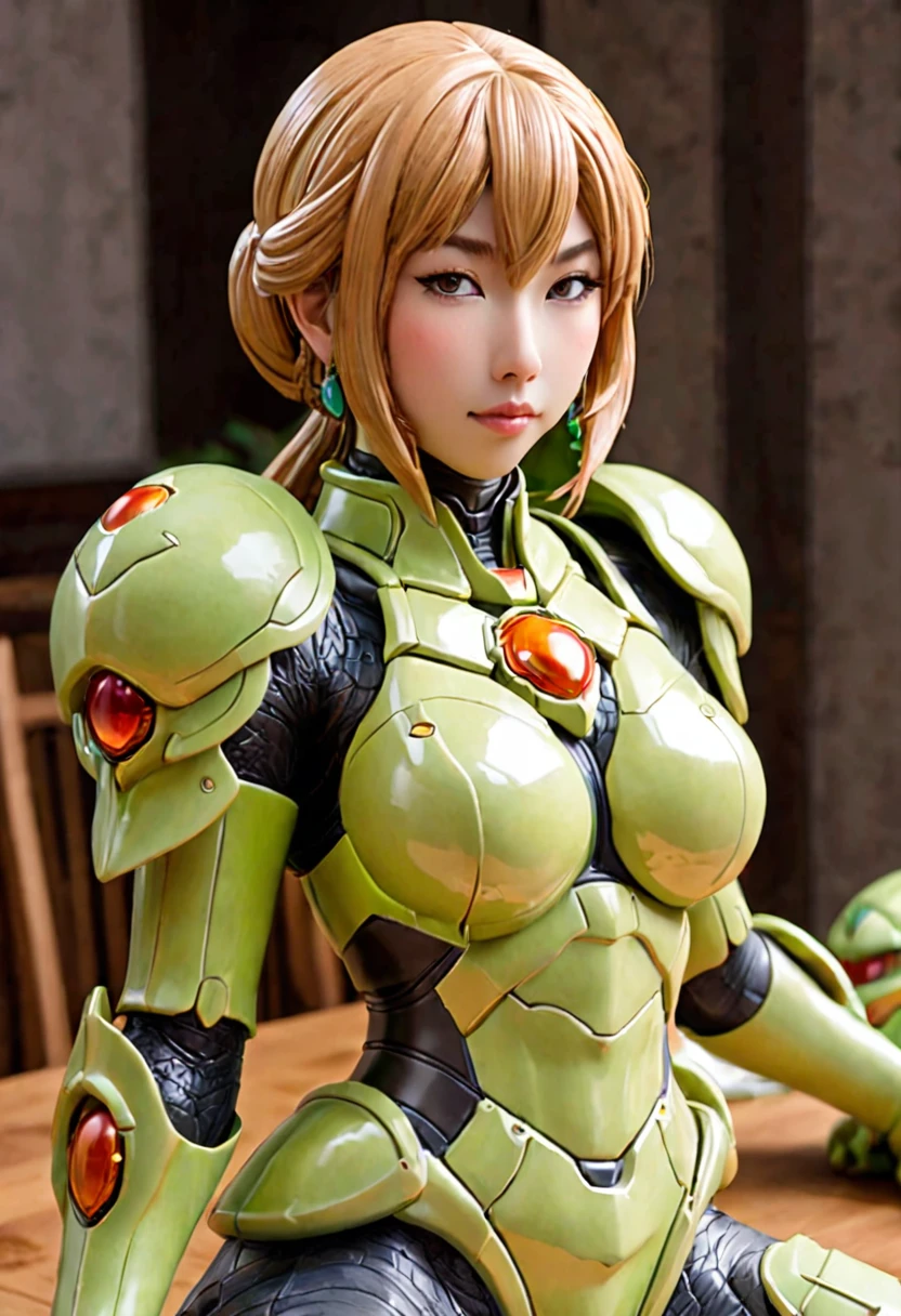 ceramic statue of a metroid style warrior (cute woman, yuna, light lime green armor color, dull peach skin color), ornament on a dinner table
