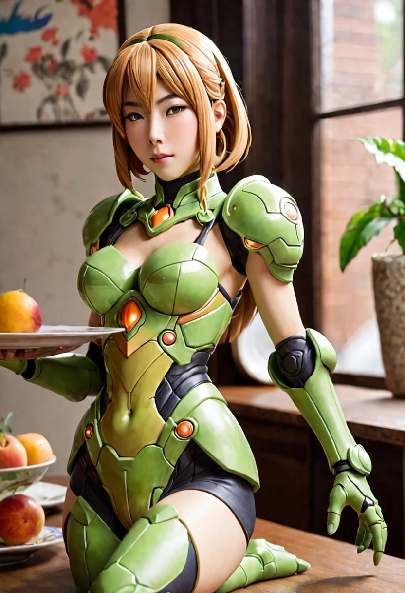 ceramic statue of a metroid style warrior (cute woman, yuna, light lime green armor color, dull peach skin color), ornament on a dinner table