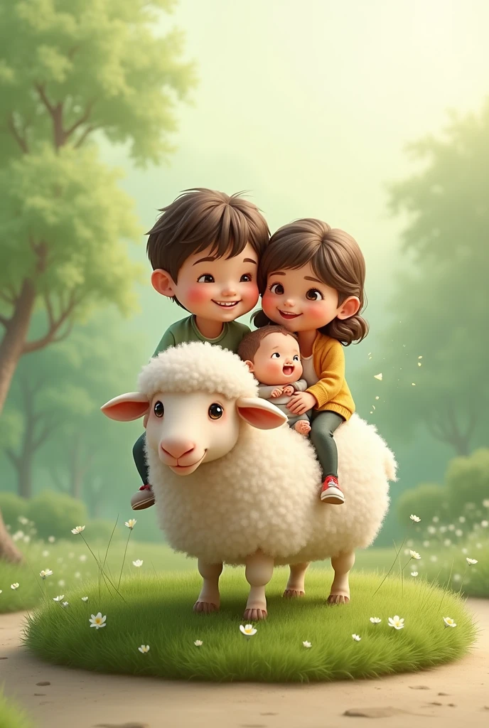 Parents with baby riding a sheep. Shades of green. transparent background. The sheep are on a grass circle and the ground below