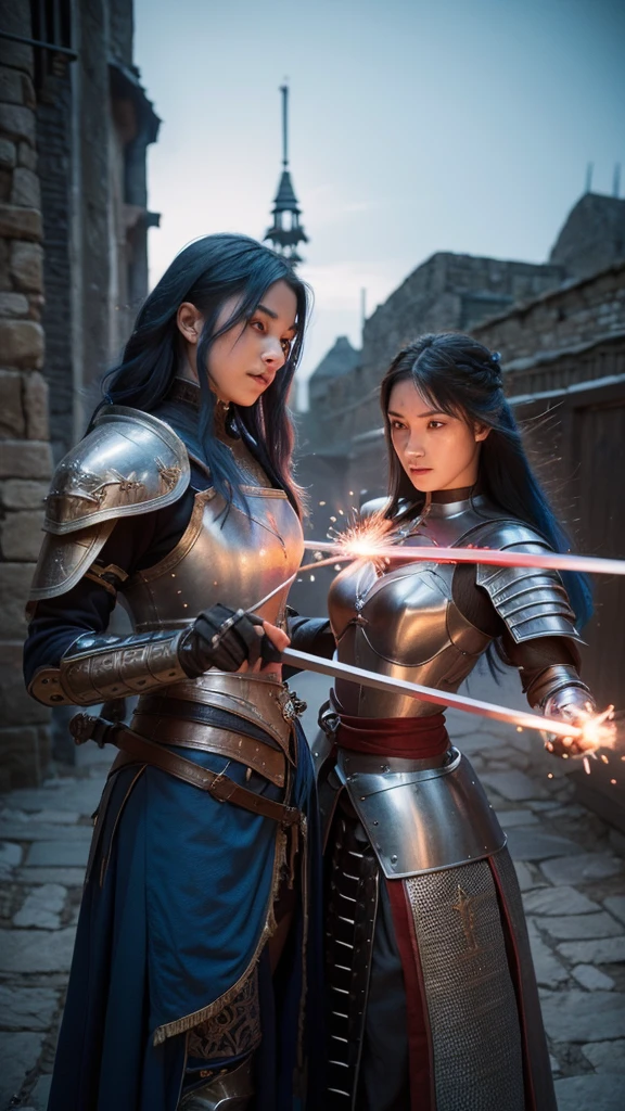 “Create a visually striking scene featuring two female warriors in a medieval-inspired setting. The first warrior has long, flowing blue hair and wears intricately detailed blue armor with elegant medieval designs. The second warrior, with long, vibrant red hair, is dressed in ornate red armor with similar medieval detailing. Both are engaged in a fierce battle, their swords clashing with sparks flying from the impact. The scene should capture the intensity of their duel, with the medieval armor and weapons creating a dramatic contrast against a backdrop of a grand, medieval-like environment with futuristic elements."High resolution, Anatomically correct, High detail, Ultra high definition, Textured skin, high quality, High-resolution model,