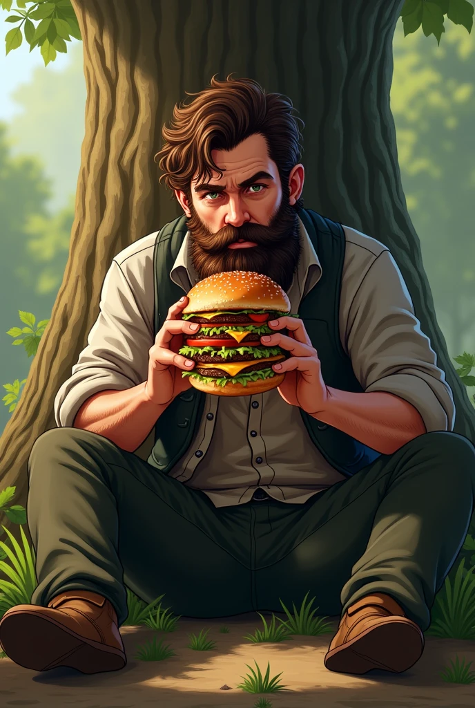Logo with a man with green eyes, hairy, with brown and wavy hair, long beard, eating a double burger.
He is sitting on the floor, leaning against a tree 