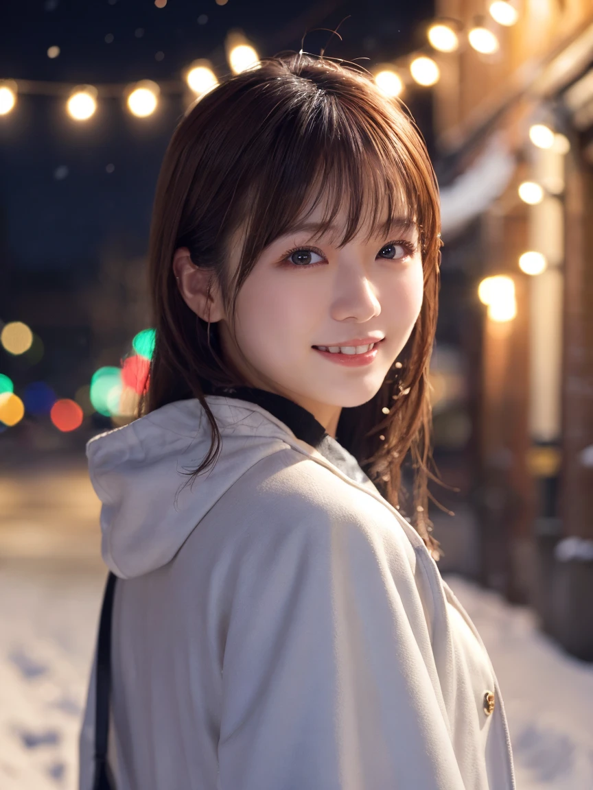 1 girl, (Wear a platinum coat:1.2), (RAW Photos, Highest quality), (Realistic, Photorealistic:1.4), Tabletop, Very delicate and beautiful, Very detailed, 2k wallpaper, wonderful, finely, Very detailed CG Unity 8K 壁紙, Very detailedな, High resolution, Soft Light, Beautiful detailed girl, Very detailed目と顔, Beautiful and detailed nose, finelyて美しい目, Cinema Lighting, Illuminations that light up the city on a snowy night, Snow Scene, that&#39;it&#39;s snowing, 髪にit&#39;s snowing, Perfect Anatomy, Slender body, Was nervous, 
Straight semi-long hair, bangs, Looking at the audience, smile