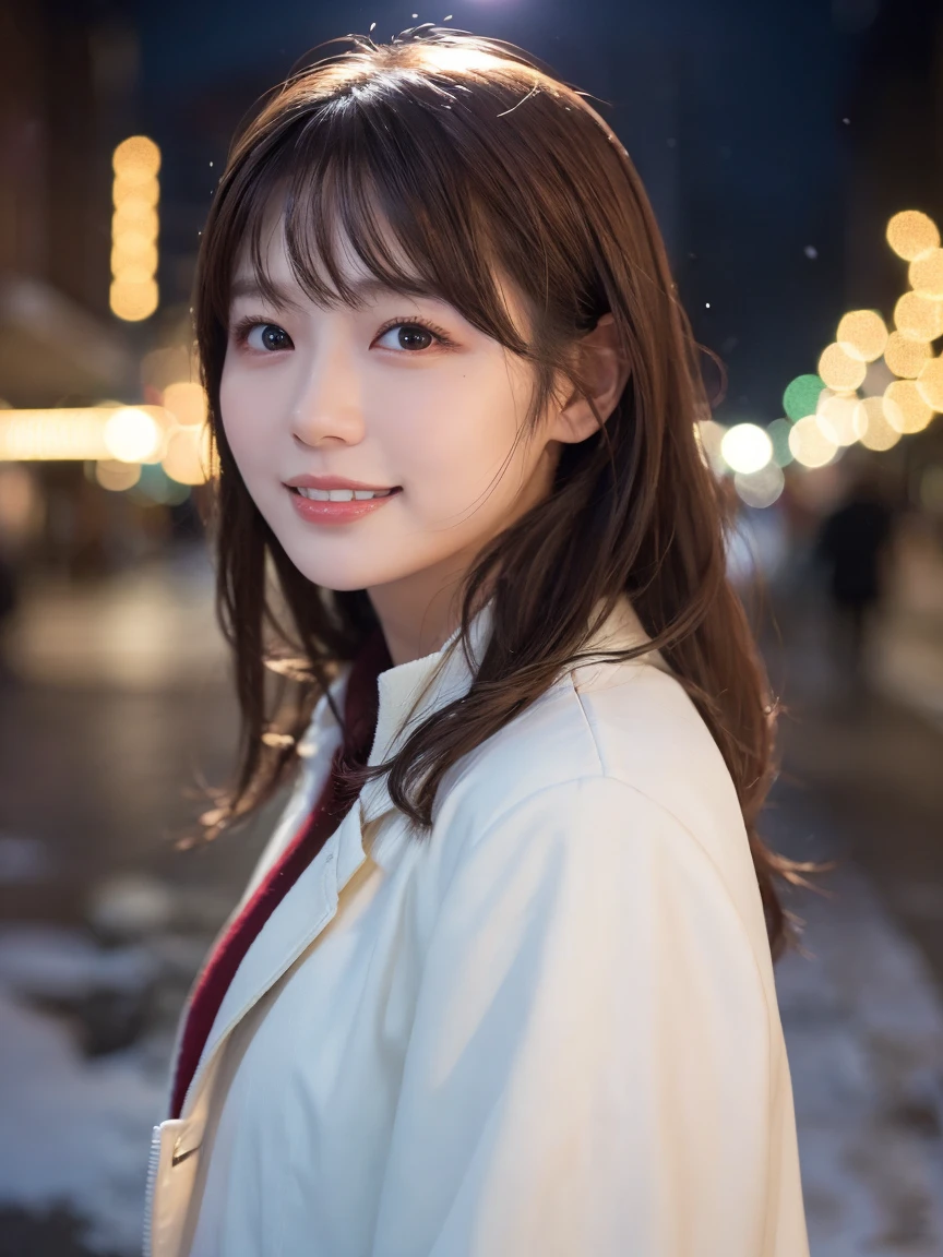 1 girl, (Wear a platinum coat:1.2), (RAW Photos, Highest quality), (Realistic, Photorealistic:1.4), Tabletop, Very delicate and beautiful, Very detailed, 2k wallpaper, wonderful, finely, Very detailed CG Unity 8K 壁紙, Very detailedな, High resolution, Soft Light, Beautiful detailed girl, Very detailed目と顔, Beautiful and detailed nose, finelyて美しい目, Cinema Lighting, Illuminations that light up the city on a snowy night, Snow Scene, that'it's snowing, 髪にit's snowing, Perfect Anatomy, Slender body, Was nervous,
Straight semi-long hair, bangs, Looking at the audience, smile