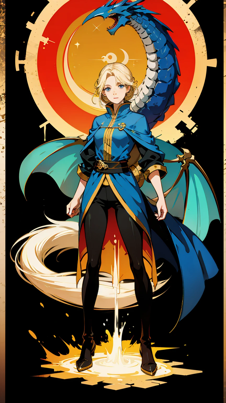 ((Full body photo, standing, on the ground)) Beautiful female wizard, tall, yellow hair, blue eyes, serious, detailed face, full body, medieval, fantasy, action pose, dragon background