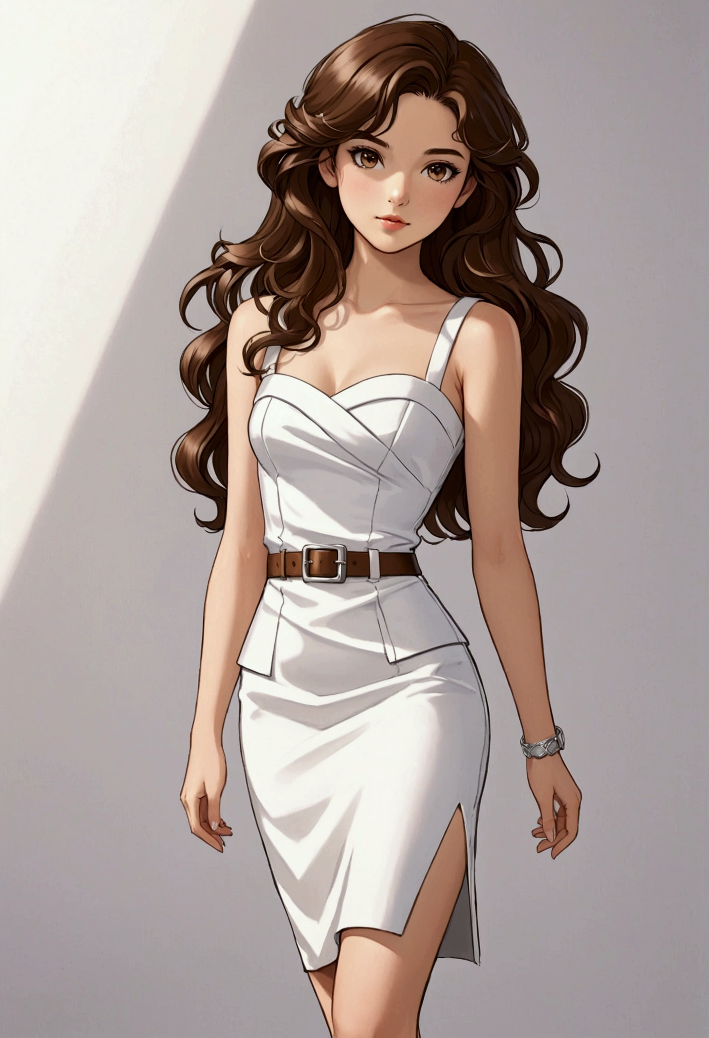 A beautiful young anime-style Sarah Kay, British with semi-long wavy brown hair dressed in an elegant sleeveless, strapless dress with three-buckle details on the front, all in white and a pencil skirt, wearing silver high-heeled sandals, she is modeling and posing for the camera in a relaxed attitude.