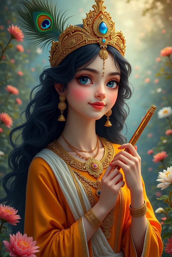 The image is a portrait of the Hindu deity Krishna, also known as Lord Krishna. He is depicted as a young girl with dark hair and blue eyes, wearing a gold crown with orange and blue jewels and a peacock feather on her head. She has a serene expression on her face and is holding a flute in her right hand. The background is filled with colorful flowers and leaves, giving the impression of a peaceful and serene atmosphere. The overall color palette of the image is warm and vibrant, with shades of blue, orange, and yellow