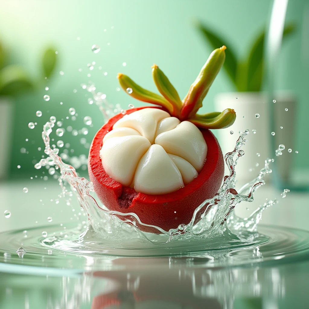 Mangosteen has a unique bright red rind and white flesh. Surrounded by splashing water
Water droplets rendered in Cinema4D style. The scene was shot using microfocus similar to Marcin Sobas' style.
with contemporary glass
Elements with delicate textures reveal light.
Green and white tones
It looks like a mangosteen hanging in a bright area. Create ultra-high resolution images with a sense of movement and dynamic clarity.