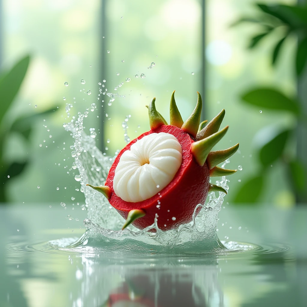 Mangosteen has a unique bright red rind and white flesh. Surrounded by splashing water
Water droplets rendered in Cinema4D style. The scene was shot using microfocus similar to Marcin Sobas' style.
with contemporary glass
Elements with delicate textures reveal light.
Green and white tones
It looks like a mangosteen hanging in a bright area. Create ultra-high resolution images with a sense of movement and dynamic clarity.