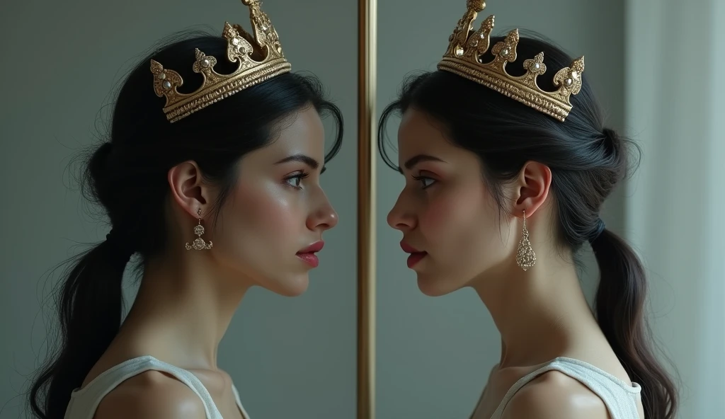 a person looking into a mirror, reflecting an image of herself with a crown (pride) and a sad expression, while the true image is simple and serene (humility). Neutral background in shades of gray.