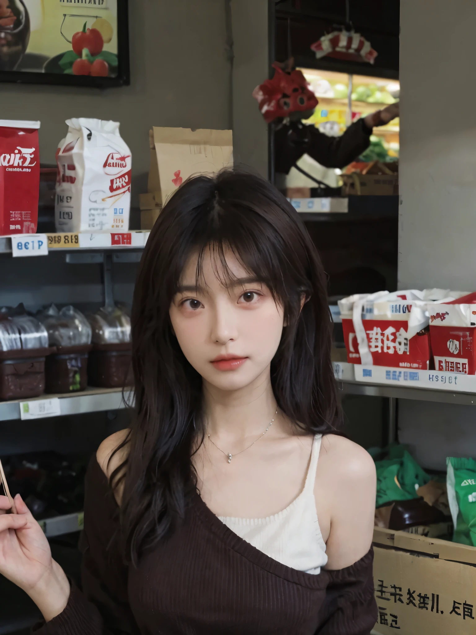 Best quality,Ultra-high resolution,(Realism:1.4),Cute hairpins,Baoyu Girl,1 Girl,Red short sweater,Beautiful woman with a slim figure:1.4,Abdominal muscles:1.1,(Brown hair,Mid-chest:1.3),supermarket,Super delicate face,Exquisite eyes,Double eyelids,make faces,necklace