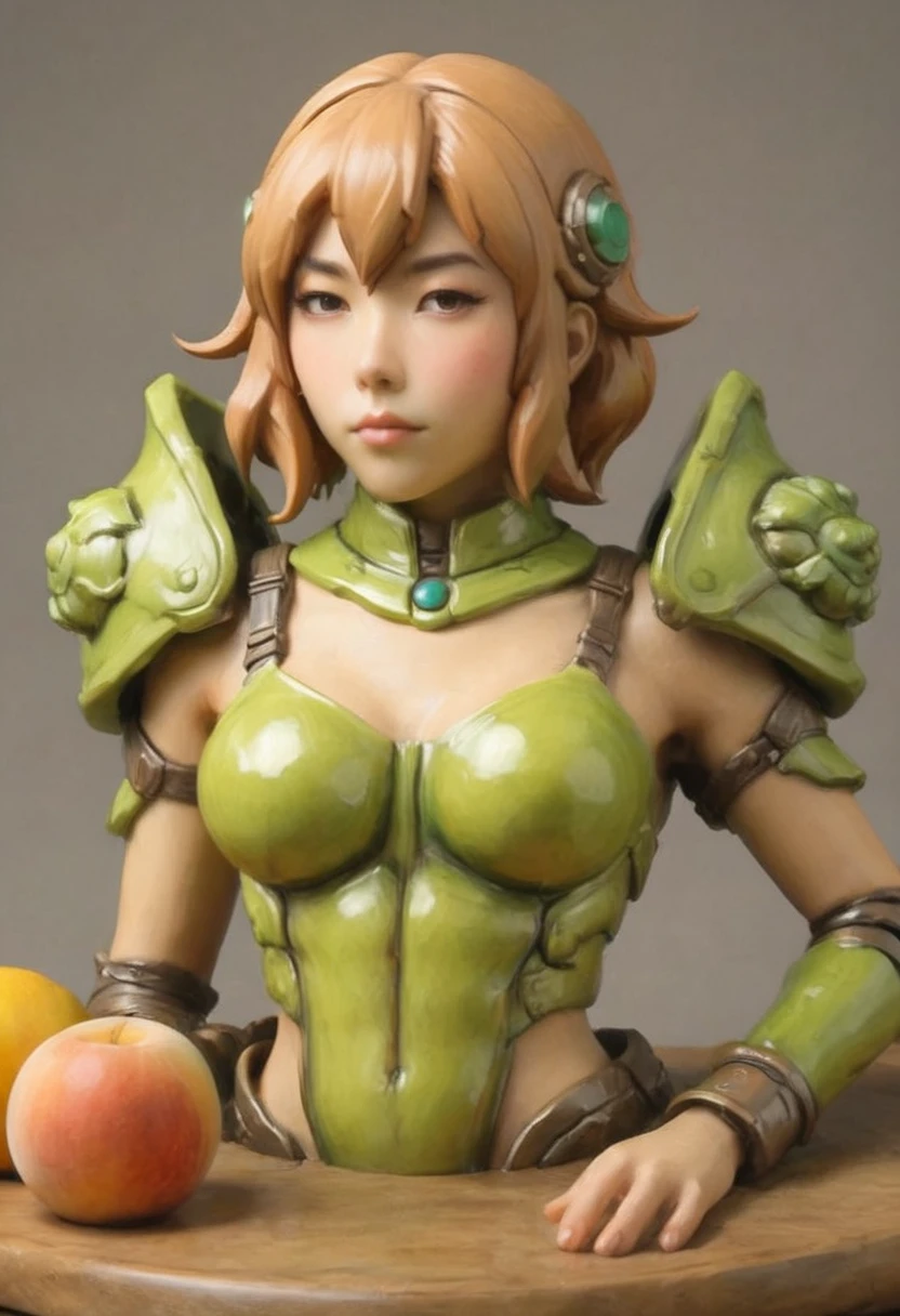 ceramic statue of a metroid style warrior (cute woman, yuna, light lime green armor color, dull peach skin color), ornament on a dinner table