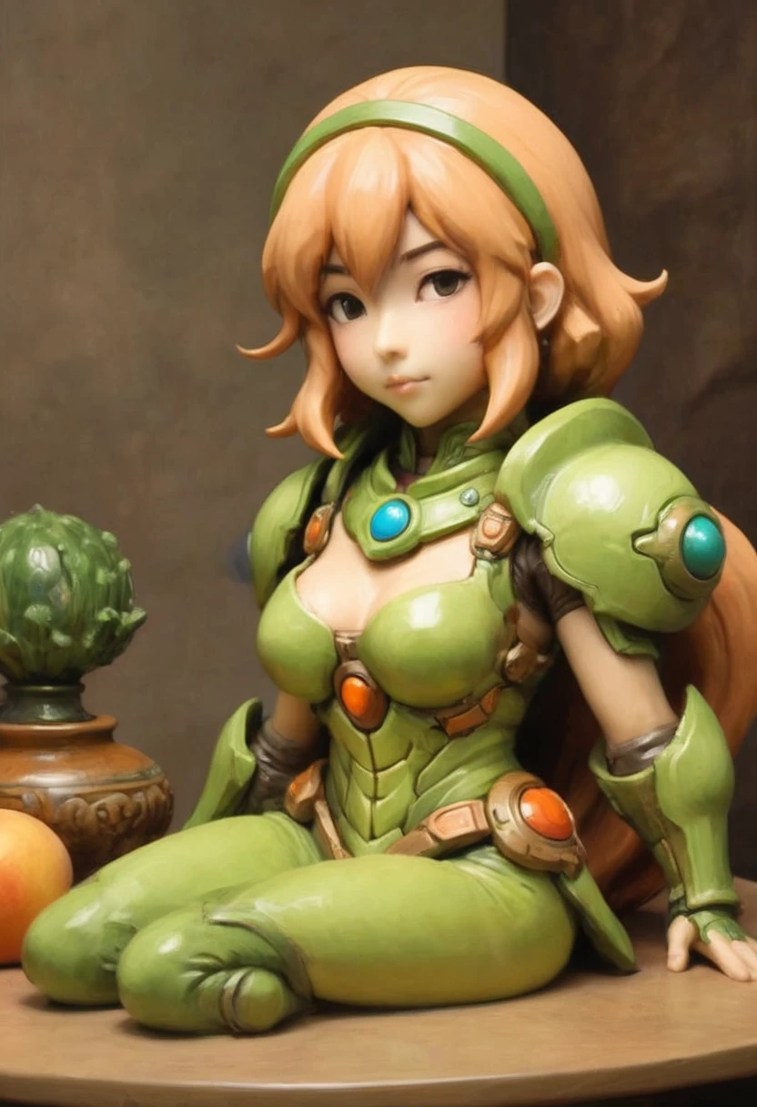 ceramic statue of a metroid style warrior (cute woman, yuna, light lime green armor color, dull peach skin color), ornament on a dinner table