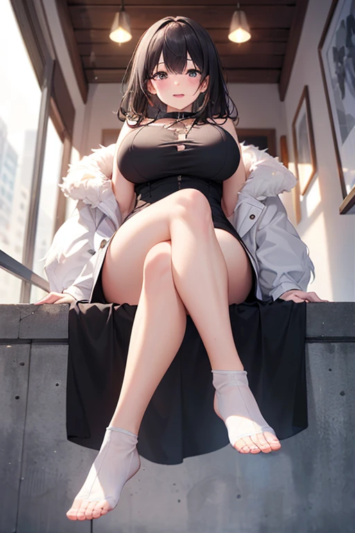 ((Best Quality)), ((masterpiece)), (detailed), 1 girl, with tight black dress, ((crossing legs)),((sitting)), white panties, big breasts,wavy fur,looking at the viewer,((Whole body)),((views)),((view from below 