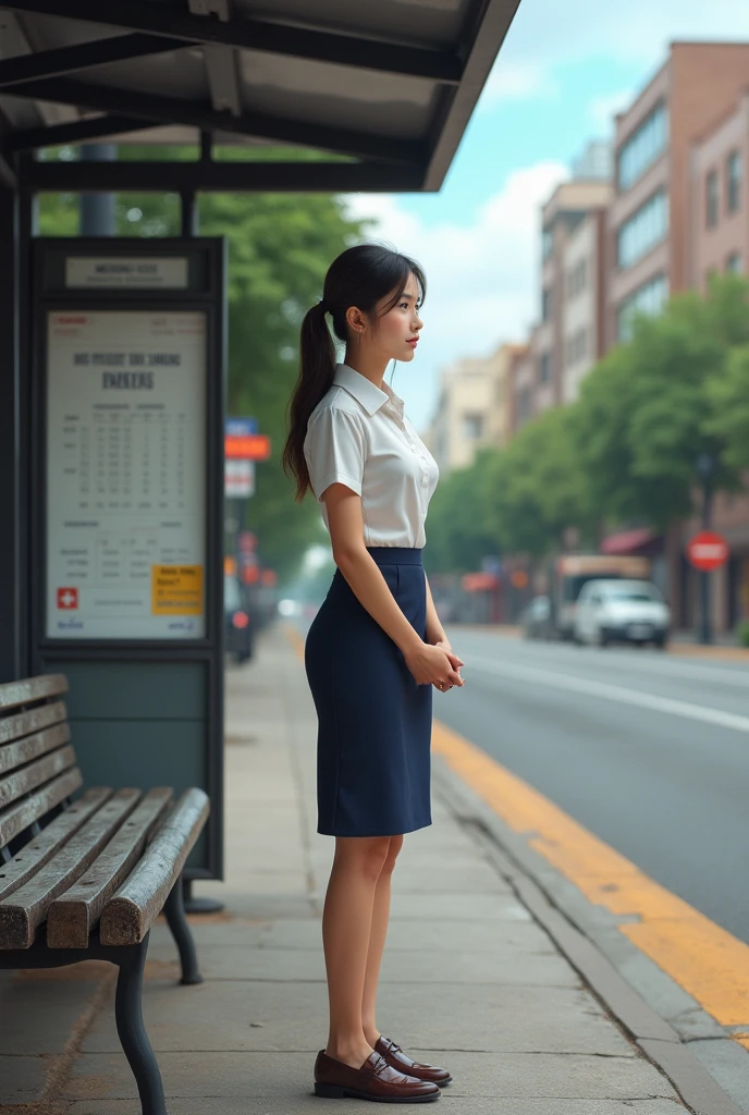 woman waiting for the bus in work uniform
