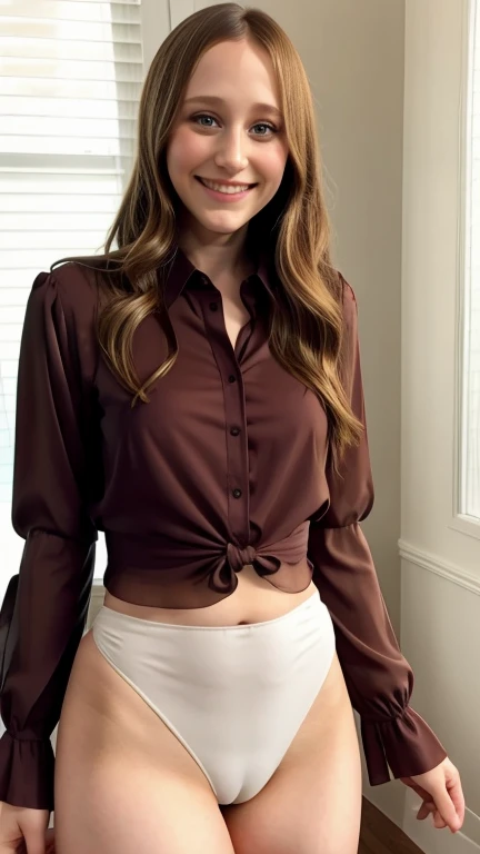 Taissa Farmiga wearing long sleeve blouse and thong and smiling