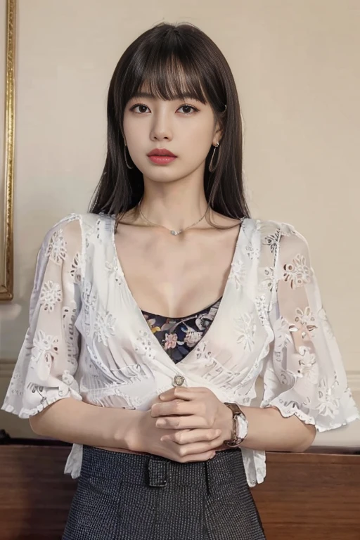 ,necklace, ring, earring, watch, jewelry,suit,2. Women,Realistic,(超high quality:1.2),Japanese,high quality,masterpiece,(Super detailed:1.4),Japanese lady,Beautiful Face,(Really good:1.6),(skirt:1.2),((Hotel)),(Small breasts:1.6),thin,High resolution,